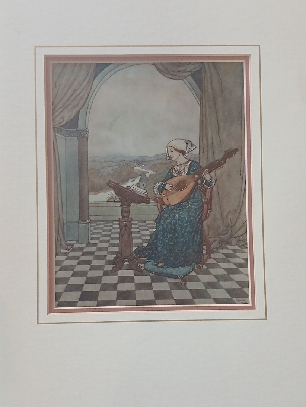 Vintage- Blue Woman with Lute Wall Art Print Edmund Dulac 13 In X 15 In